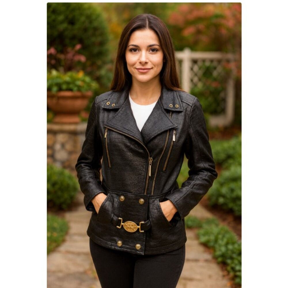 Rockawear Crocodile Moto Jacket Vintage Y2K Faux Black Leather Belt Womens L